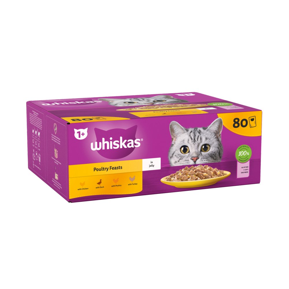 Whiskas 1+ Poultry Feasts Adult Wet Cat Food Pouches in Jelly 80 Pack 85g