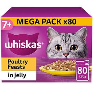 Whiskas 7+ Poultry Feasts Senior Wet Cat Food Pouches in Jelly 80 Pack 85g