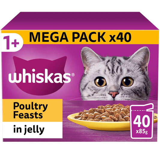 Whiskas 1+ Poultry Feasts Adult Wet Cat Food Pouches in Jelly 40 Pack